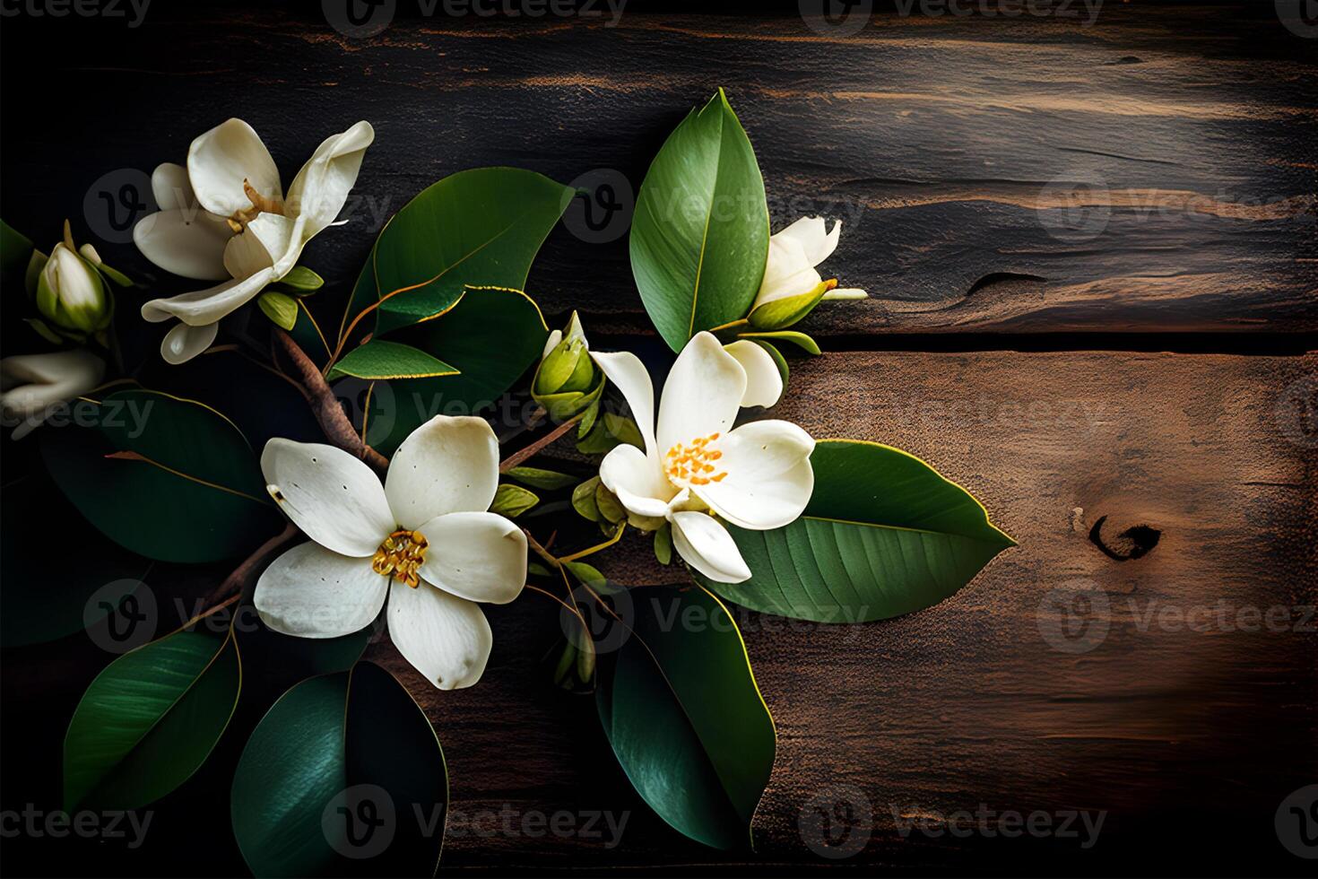 White flowers on wooden background design for posters, banners, book covers, social media posts, and thumbnails. . photo