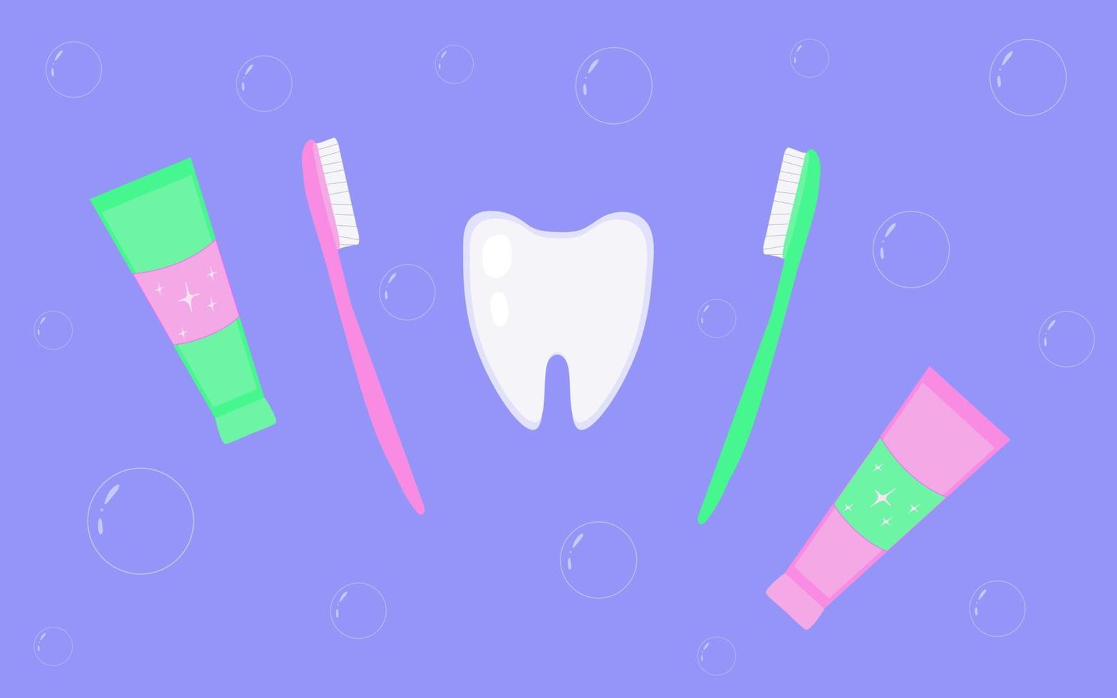 Dental care set, tooth, toothbrush, toothpaste. vector image