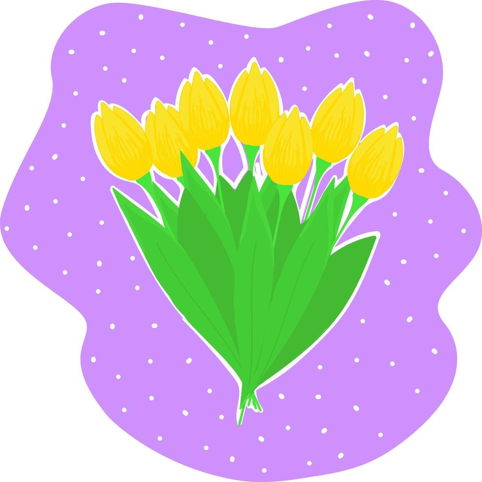 Yellow bouquet of tulips on a lilac background, spring flowers vector