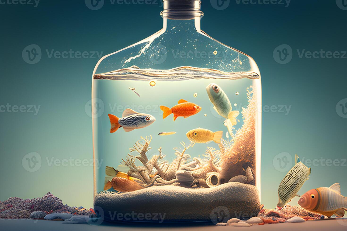 A bottle of water and fish in the blue sea illustration. Generative ai photo