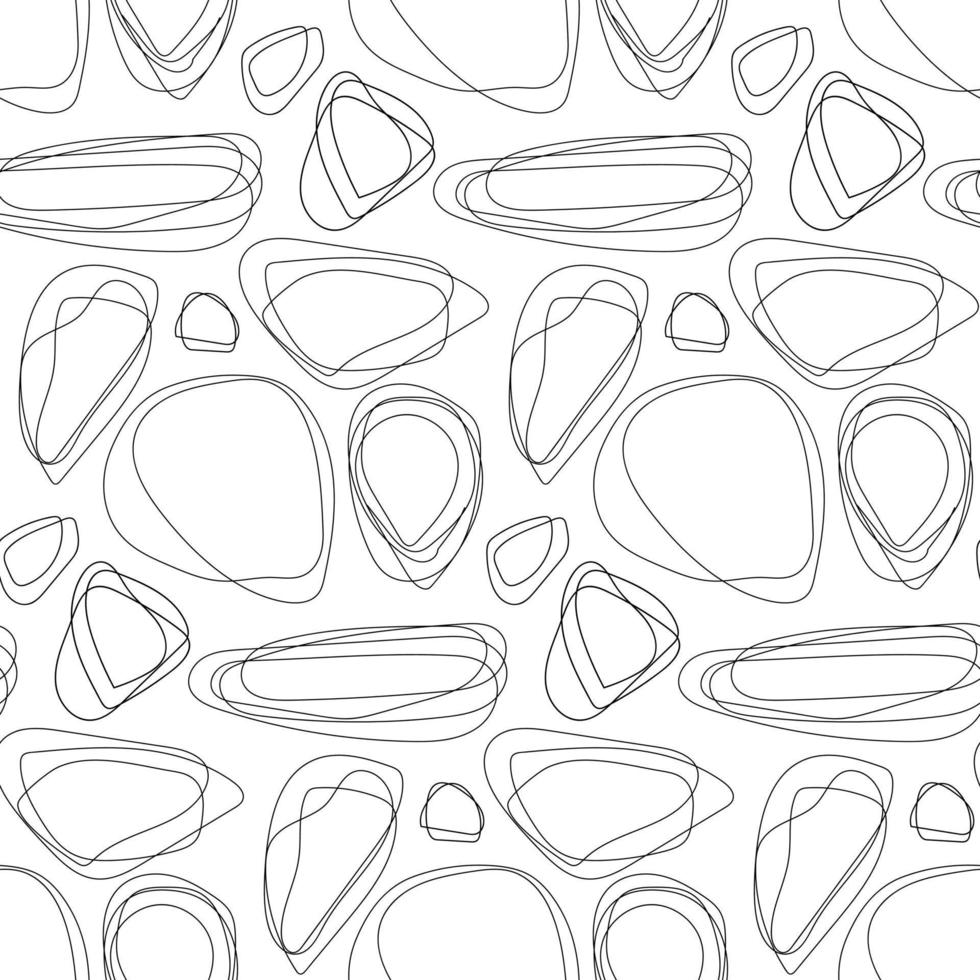 A pattern of drawn circles with lots of lines. Hand-drawn doodle shapes. Spots and strokes. Modern trendy vector background. Printing on textiles and paper. Abstract packaging. Black and white pattern