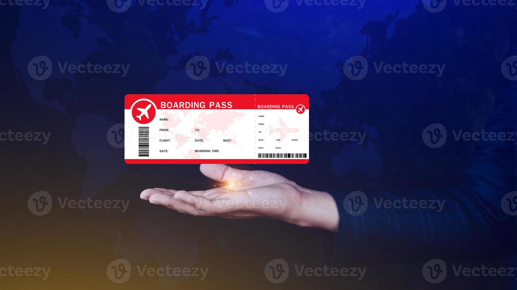 Hand holding boarding pass tickets air travel concept, Choosing checking electronic flight ticket. photo