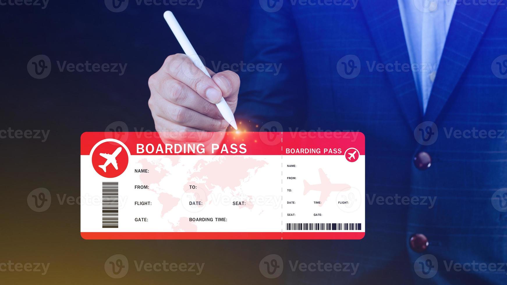 Hand holding boarding pass tickets air travel concept, Choosing checking electronic flight ticket. photo