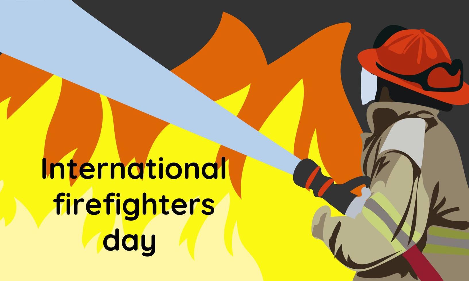 Banner, poster or template for the International Day of Firefighters with an illustration of a firefighter extinguishing a fire. Vector illustration for May 4. A firefighter with a hose in flames