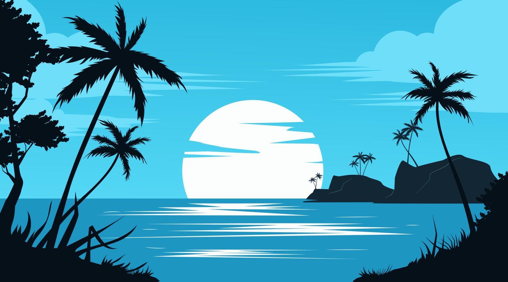 beach view with silhouettes of coconut trees, shades of blue vector