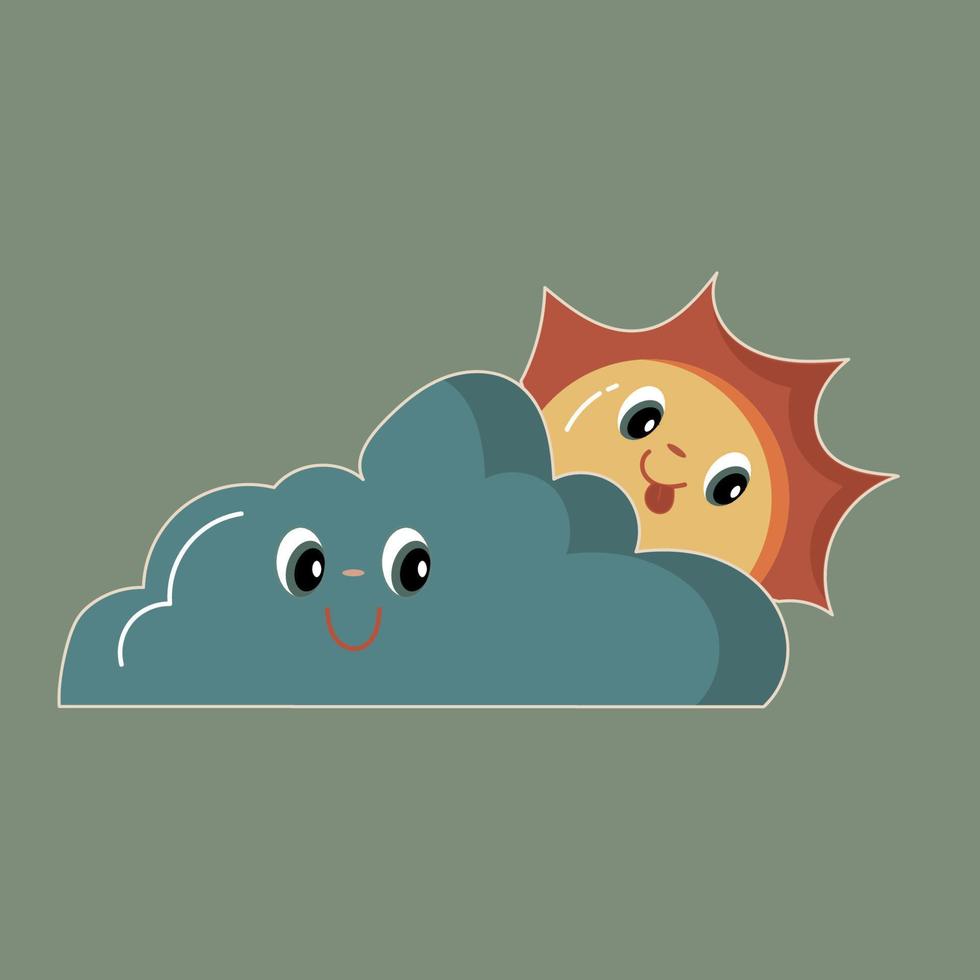 Cute glowing sun and smiling cloud characters with happy face expressions. Partly sunny weather icon. Childish colorful flat vector illustration isolated on white background