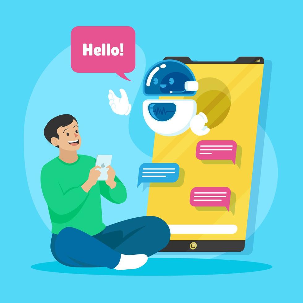 entusiasta joven hombres charla con simpático chatbots vector