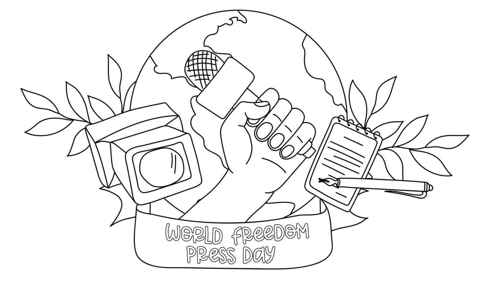Banner for the World Press Freedom Day - May 3. Contour drawing of a hand with a microphone, a video camera, a notebook pen, a branch of sheets. Black and white illustration. A simple banner to print vector