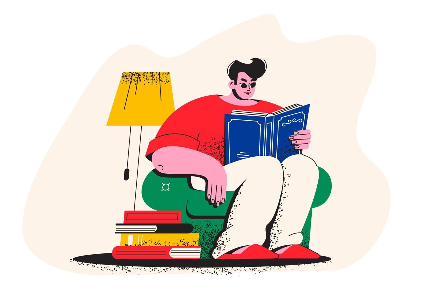 A young man is reading a book. A student is sitting in an armchair with a book. Library, bookstore vector