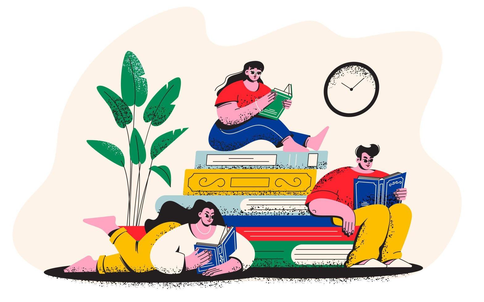 Several people are reading books. A group of women and a man in the library. Cozy bookstore vector