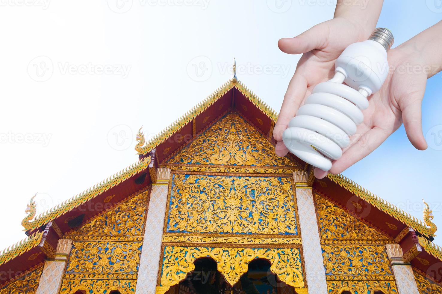 Energy saving concept, Woman hand holding light bulb on temple background,Ideas light bulb in the hand photo