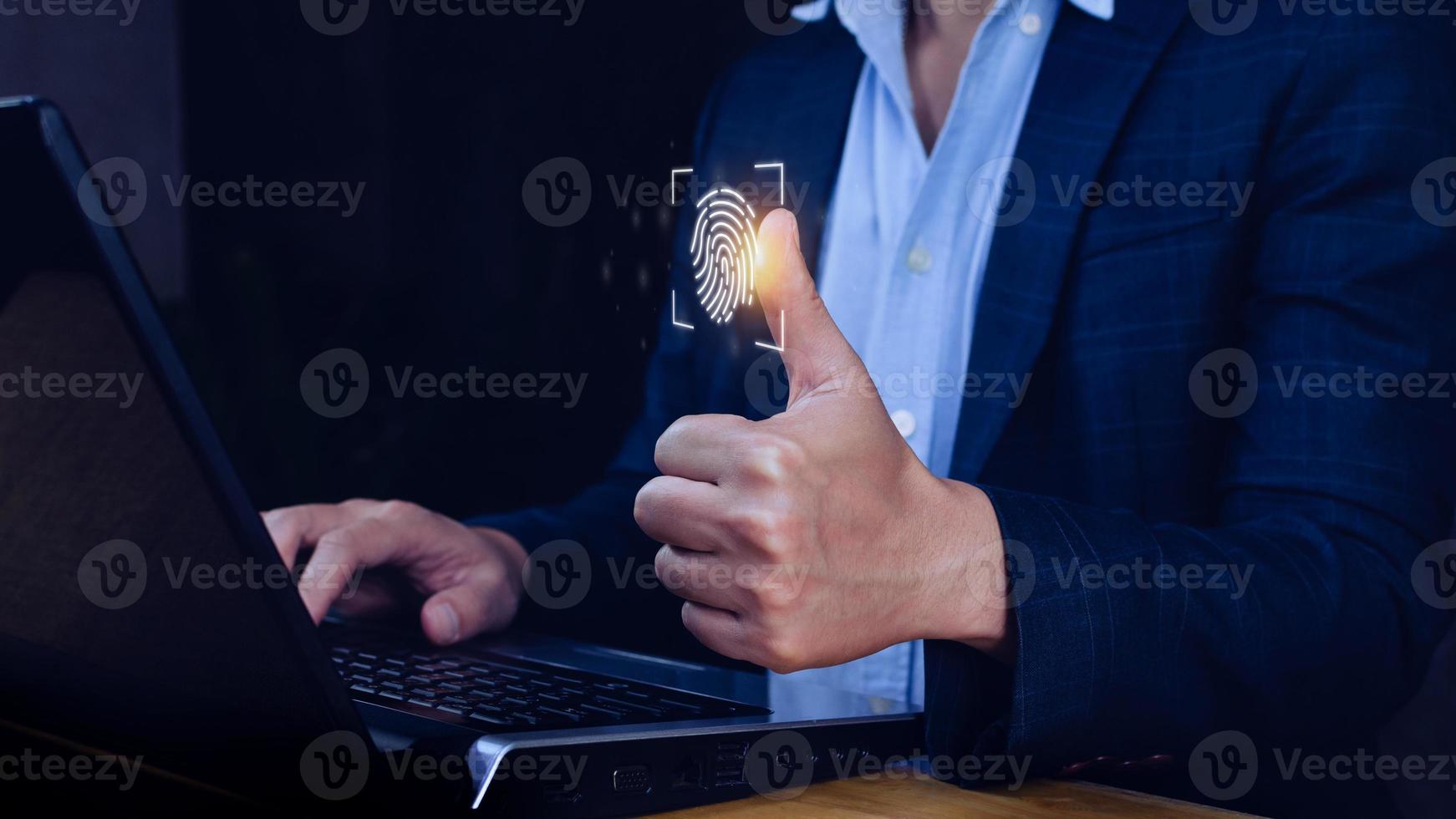 Businessman scanning fingerprint, biometric identity and authorization futuristic concept of password security and control through fingerprint in future, Immersive and cybernetic technology, business photo