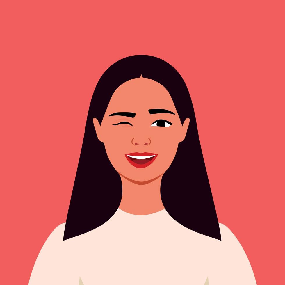 Young latin woman is winking. Avatar. Portrait. Human emotions. Playful. Funny. Support. Female. Flat style vector