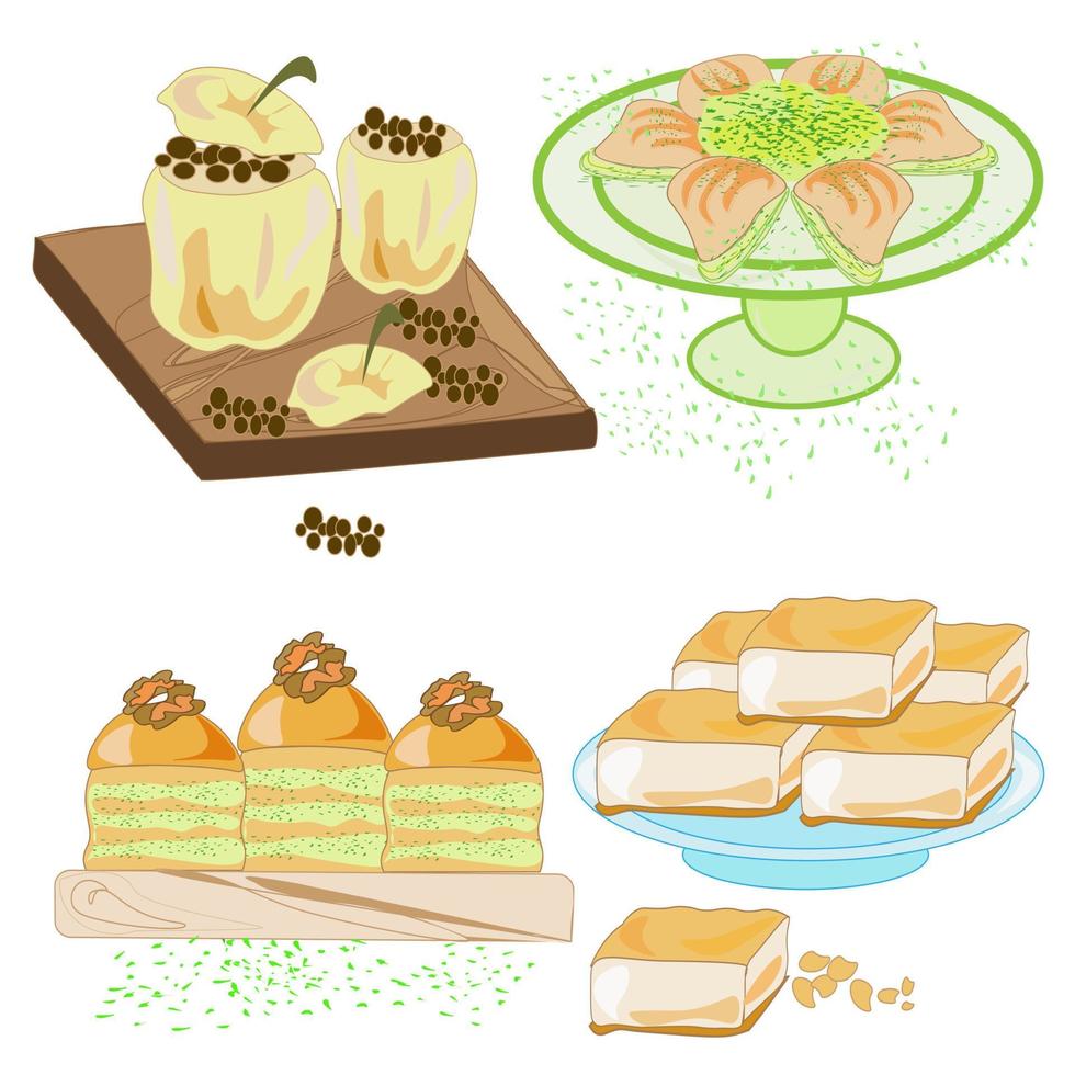 Set tea set baking tea sweets. Doodle illustration for the menu. vector