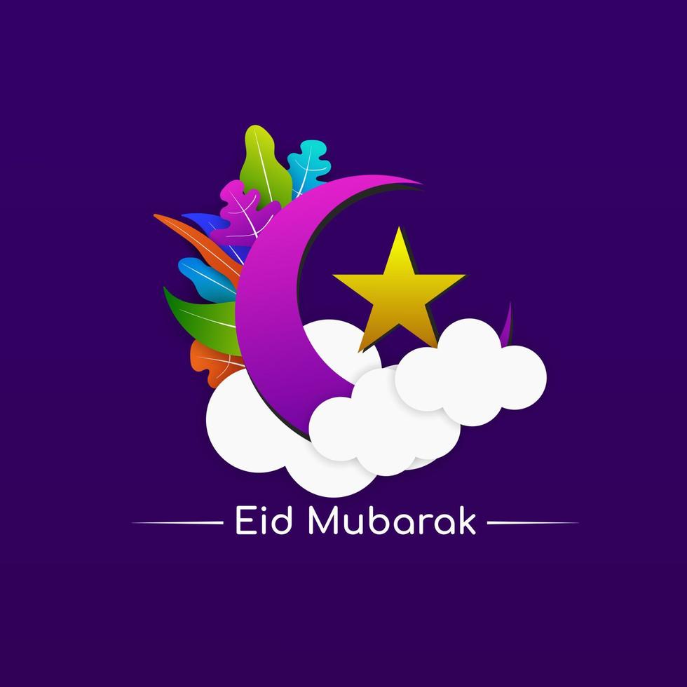 eid al-fitr. vistoso saludo tarjeta diseño decorado con hojas, luna, estrellas y nubes en púrpura degradado antecedentes vector