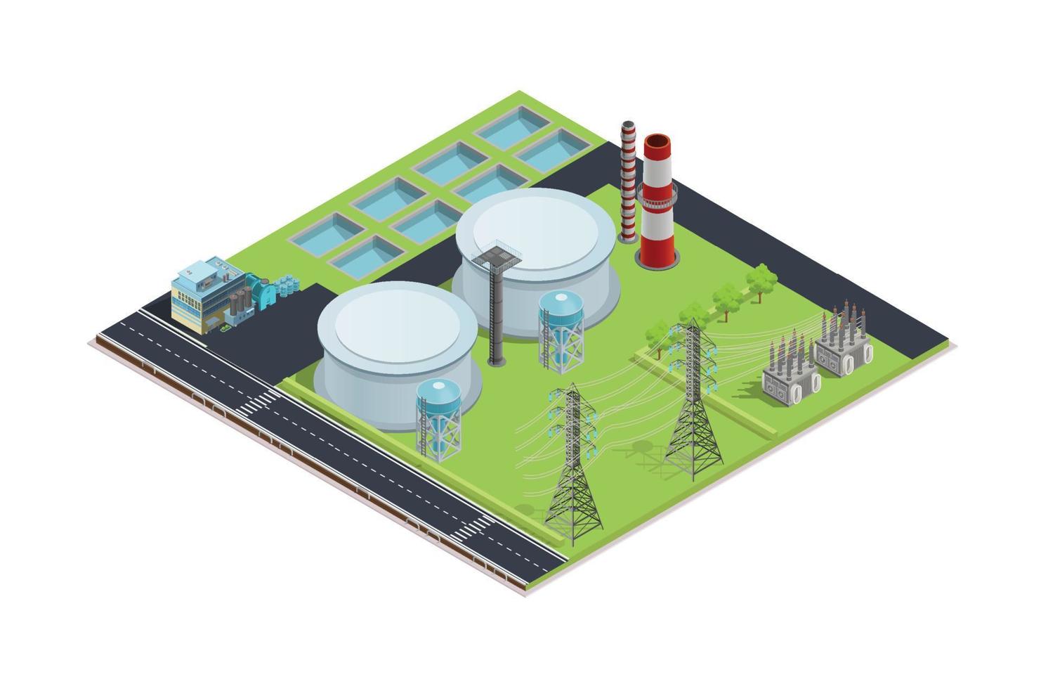 Modern vector isometric renewable electricity generation. Wind farm, hydroelectric and tidal power stations, geothermal and solar or photovoltaic power plants