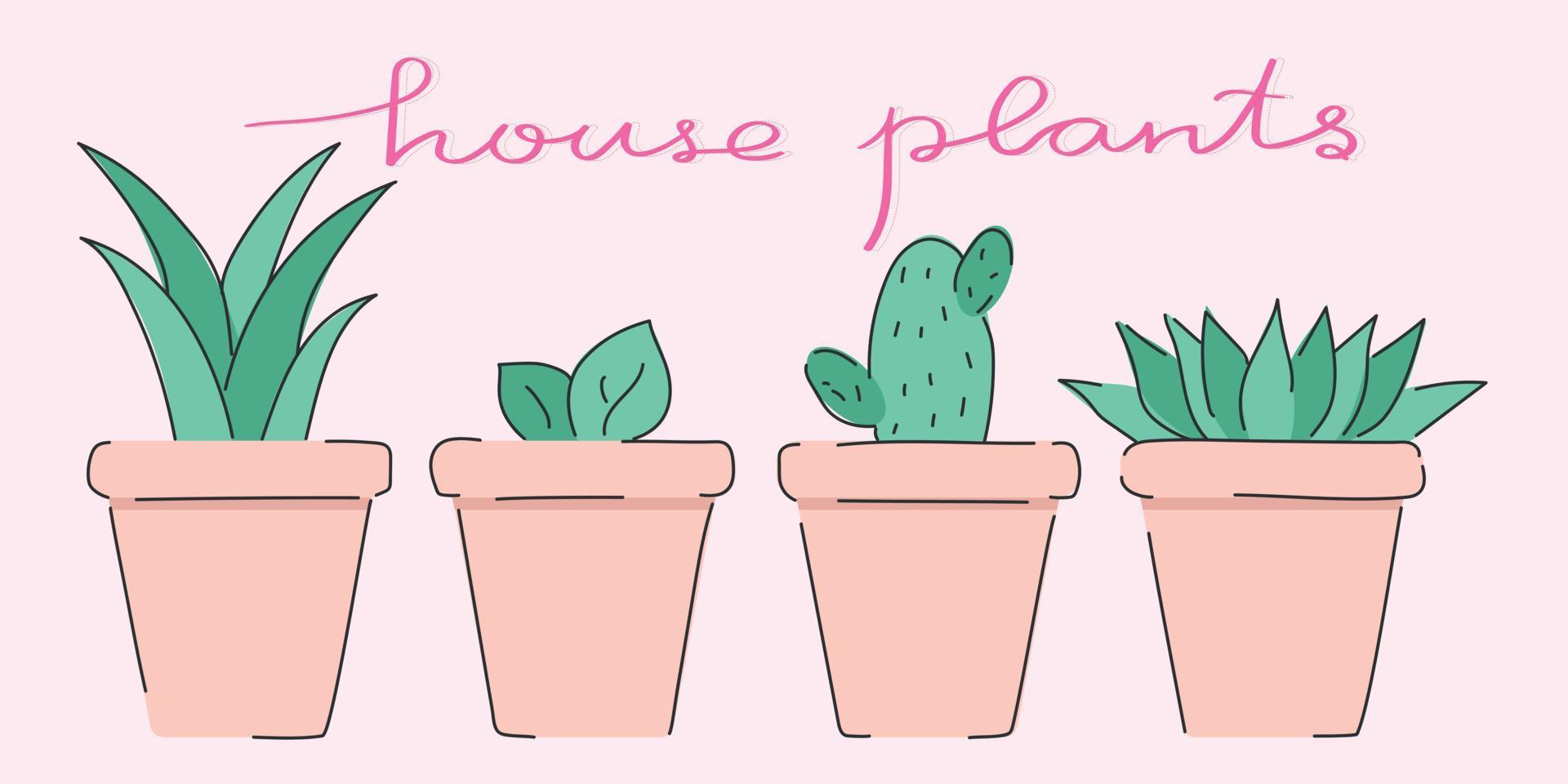 Various house plants in the pots. Green house flowers with handwriting on light pink background. Simple line style vector