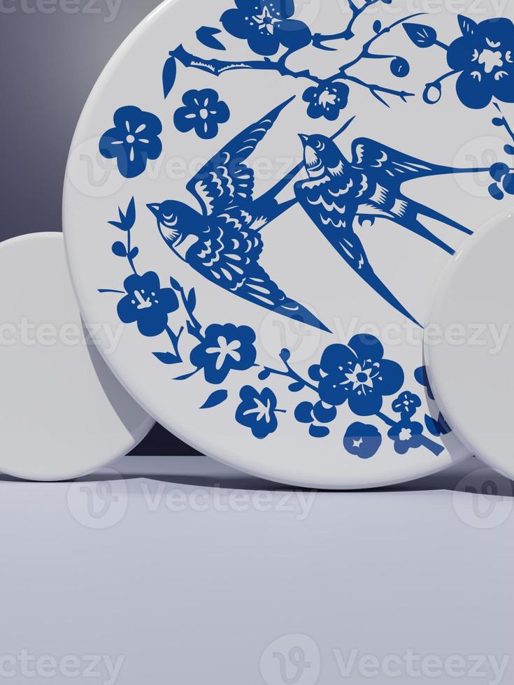 3D Rendering Asian, Chinese, Japanese or Korean Style Porcelain Product Display Background. Shiny for Festive Food, Beverage and Beauty Products. photo