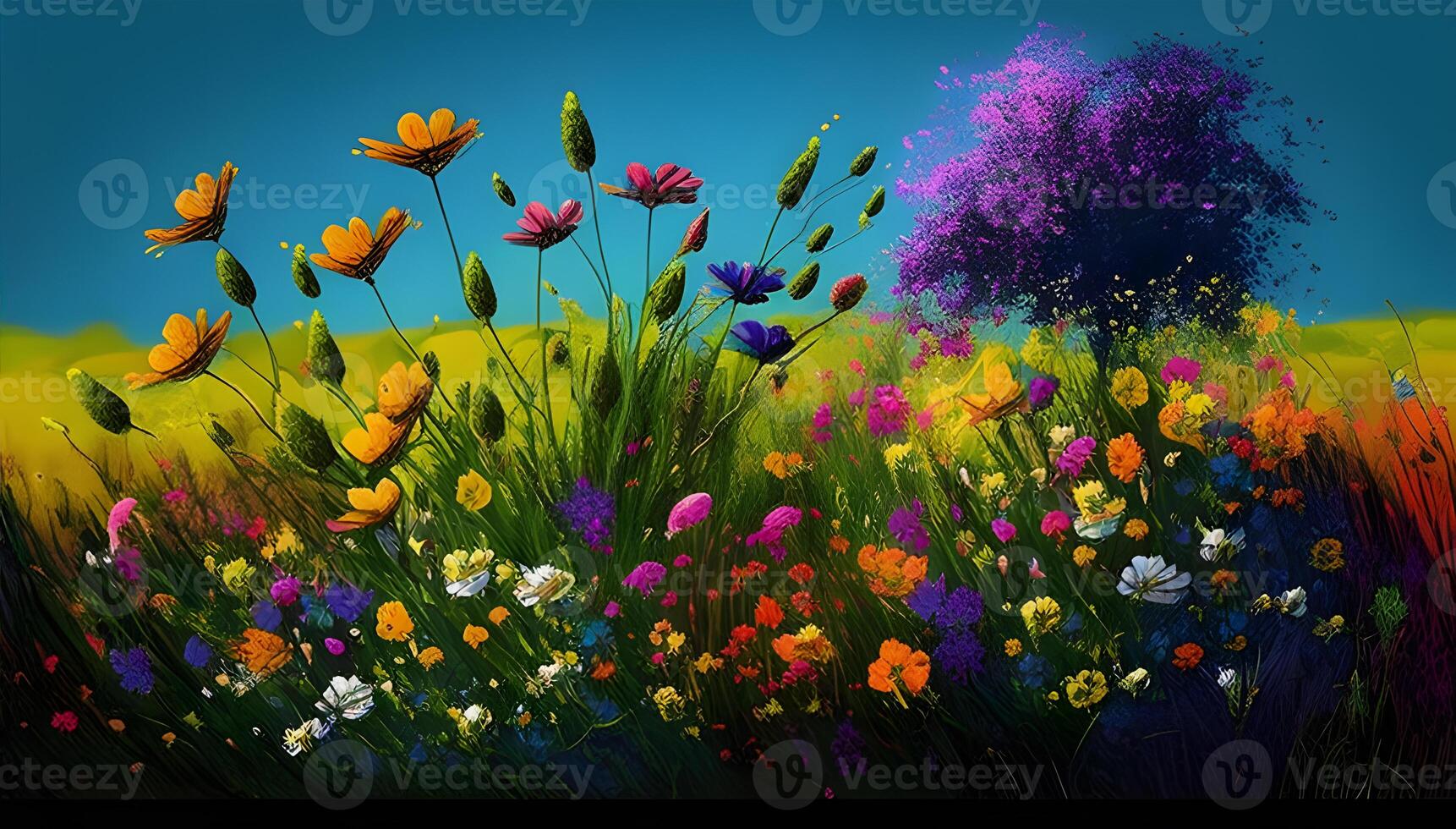 Easter egg on the grass on sunny spring trees and flowers. photo