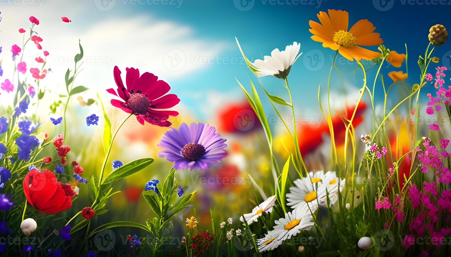 Easter egg on the grass on sunny spring trees and flowers. photo