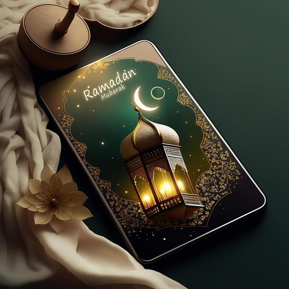 Ramadán kareem saludo antecedentes islámico ilustración vector diseño con brillante linternas y Arábica caligrafía antecedentes vector ilustración foto
