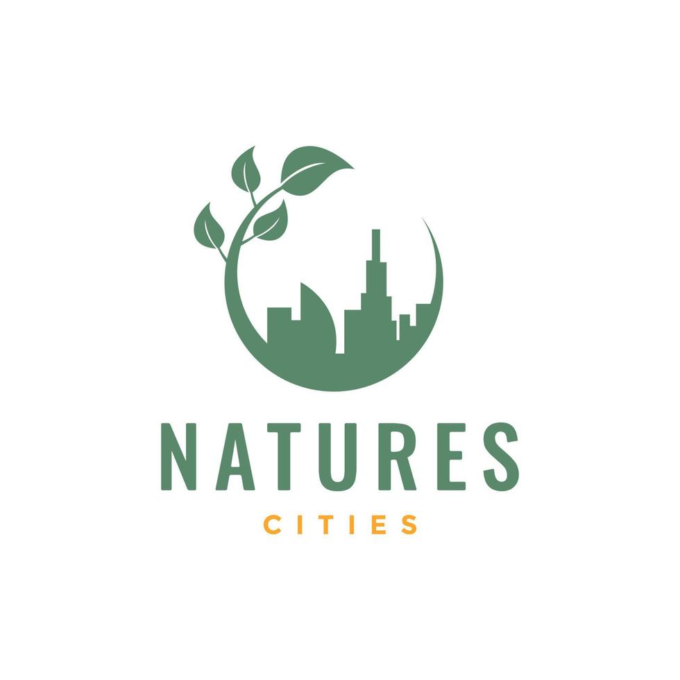 naturaleza bosque hojas con ciudades edificio compañero logo diseño vector