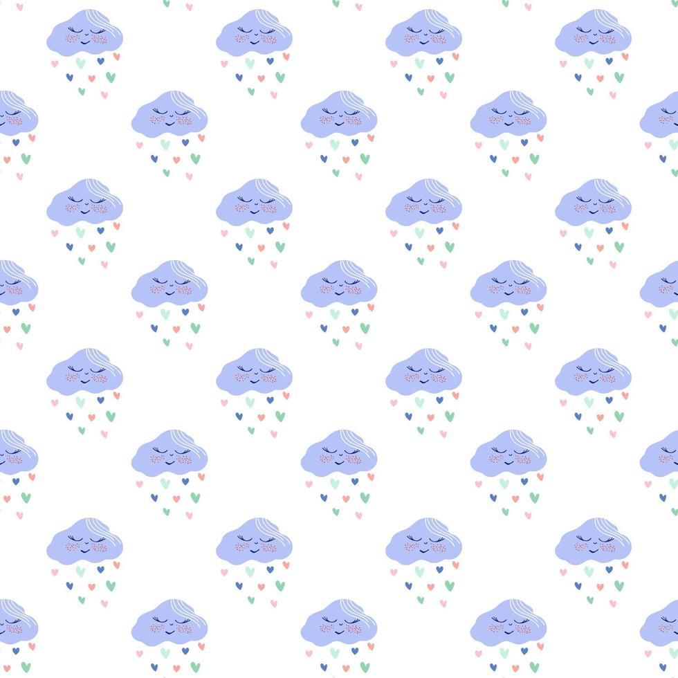 Lovely pattern with kawaii smiling clouds and hearts rain. Hand drawn vector illustration in soft pastel colors. Cute background for baby nursery, children party, clothes, textiles