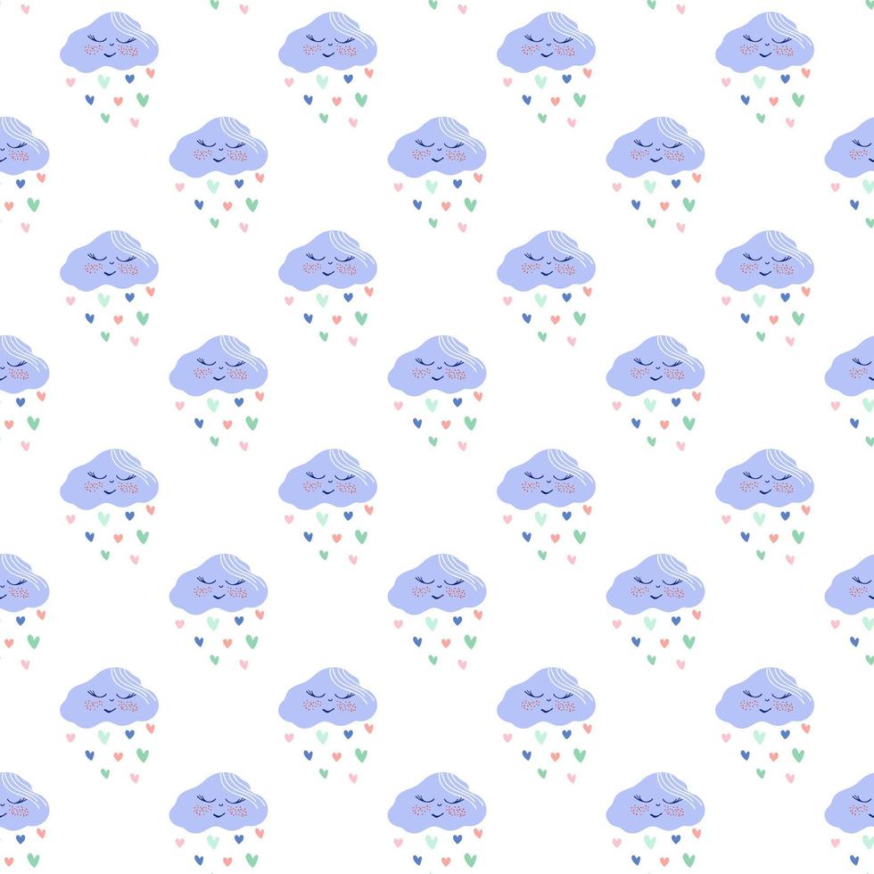 Lovely pattern with kawaii smiling clouds and hearts rain. Hand drawn vector illustration in soft pastel colors. Cute background for baby nursery, children party, clothes, textiles