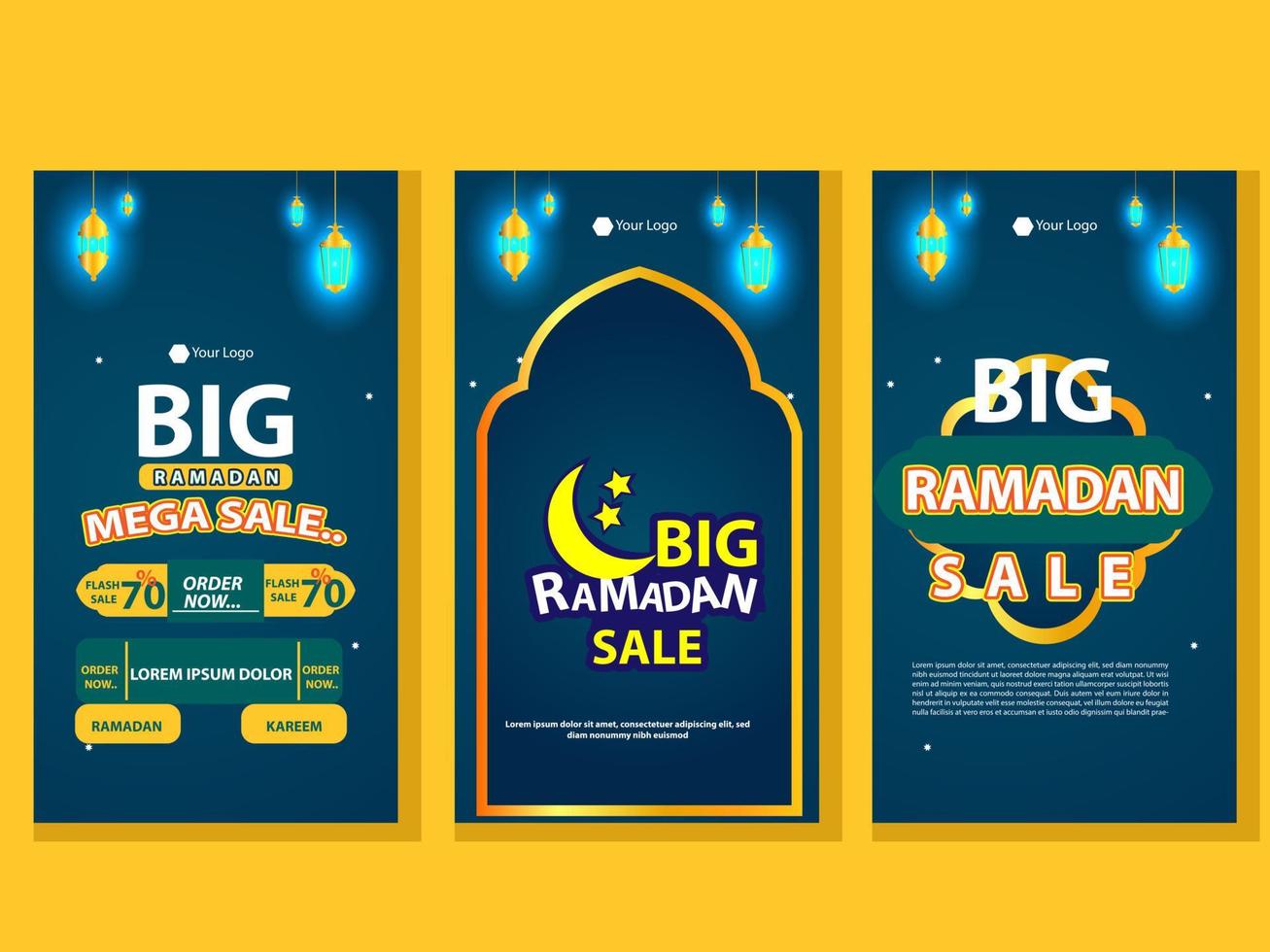 Set of Square social media post, poster, stories template Mega sale promotion with modern lantern gold design. Iftar mean is Ramadan. social media template with Modern Islamic background Design vector