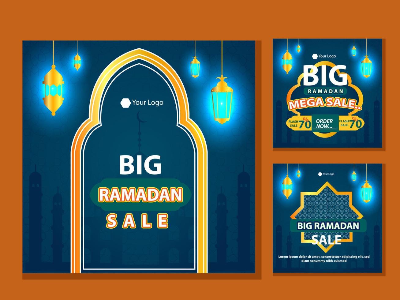 Set of Square social media post, poster, stories template Mega sale promotion with modern lantern gold design. Iftar mean is Ramadan. social media template with Modern Islamic background Design vector
