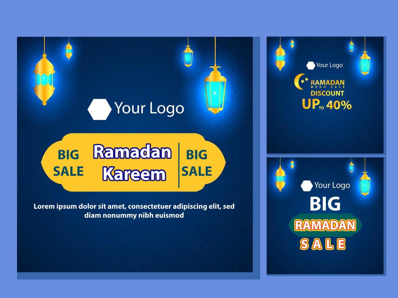 Set of Square social media post, poster, stories template Mega sale promotion with modern lantern gold design. Iftar mean is Ramadan. social media template with Modern Islamic background Design vector