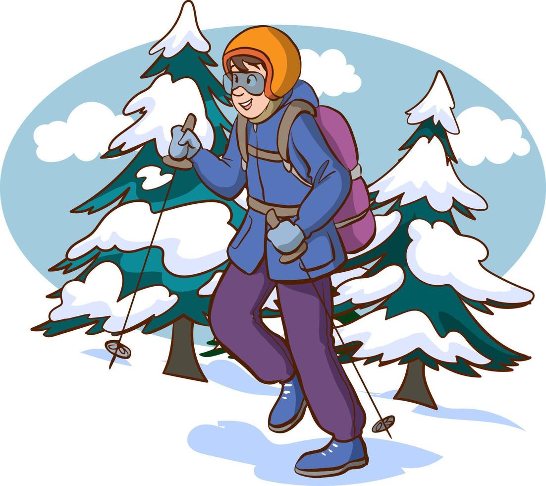 Male character is hiking alone in winter. Man warm clothes is hiking outdoors with mountains at the background. Cheerful man is climbing up the mountain. Flat cartoon vector illustration