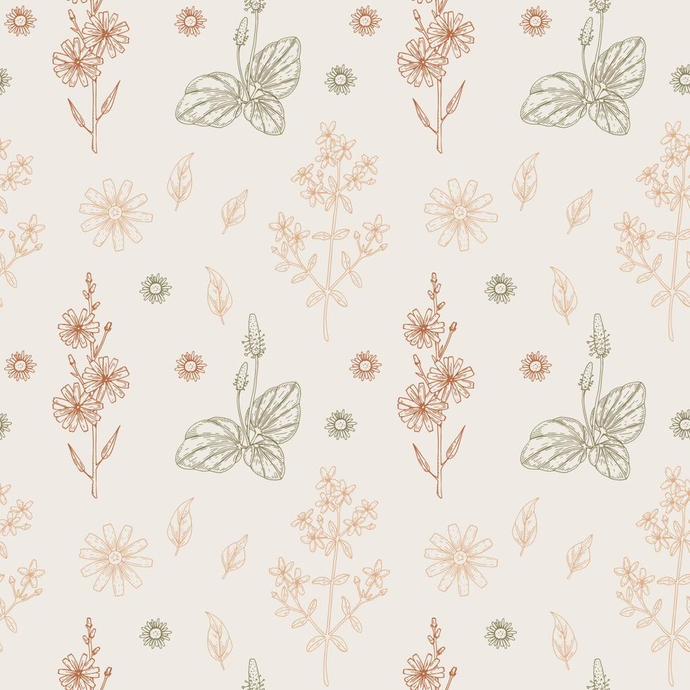 Meadow flowers seamless pattern. Hand drawn field wildflowers background. Vector illustration in sketch style. Aesthetic botany design