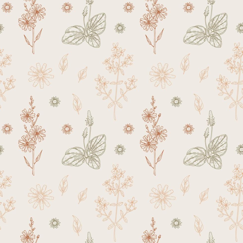 Meadow flowers seamless pattern. Hand drawn field wildflowers background. Vector illustration in sketch style. Aesthetic botany design