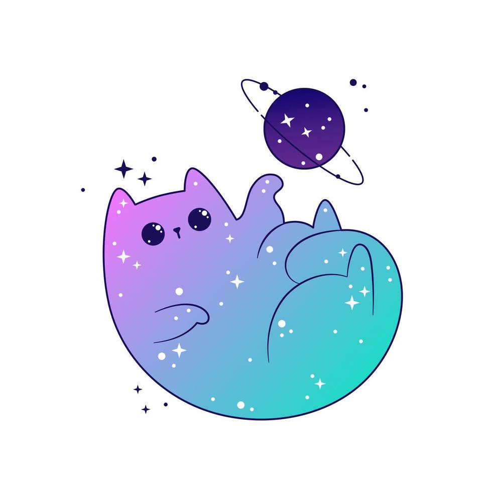 Space cute cat play with palnet celestial with stars and planets. Fantasy magical kawaii vector.  Mystical nursery kitten for textile, stickers, tattoo, vector