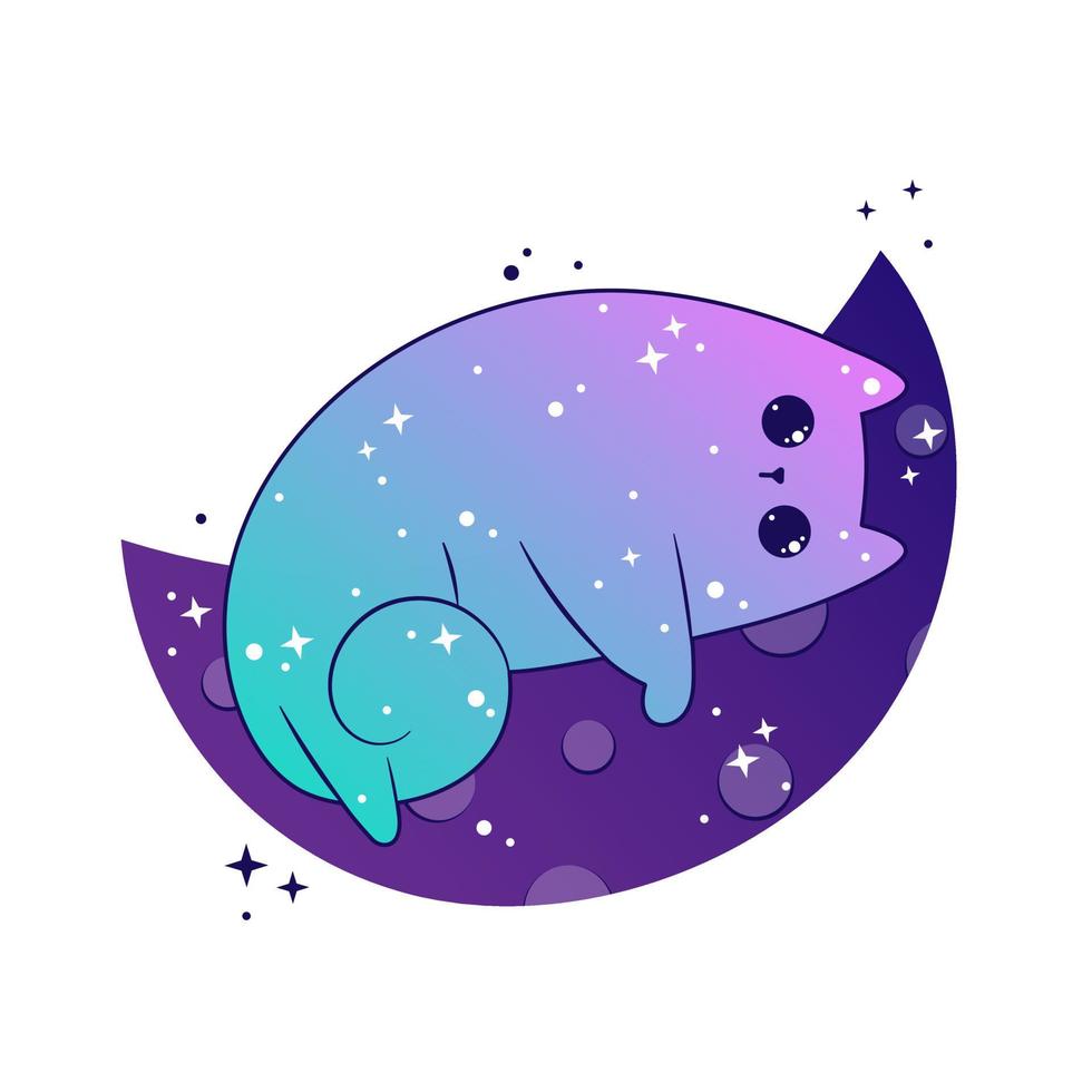 Space cute cats sleep on moon  celestial with stars and planets. Fantasy magical kawaii vector.  Mystical nursery kitten for textile, stickers, tattoo, vector