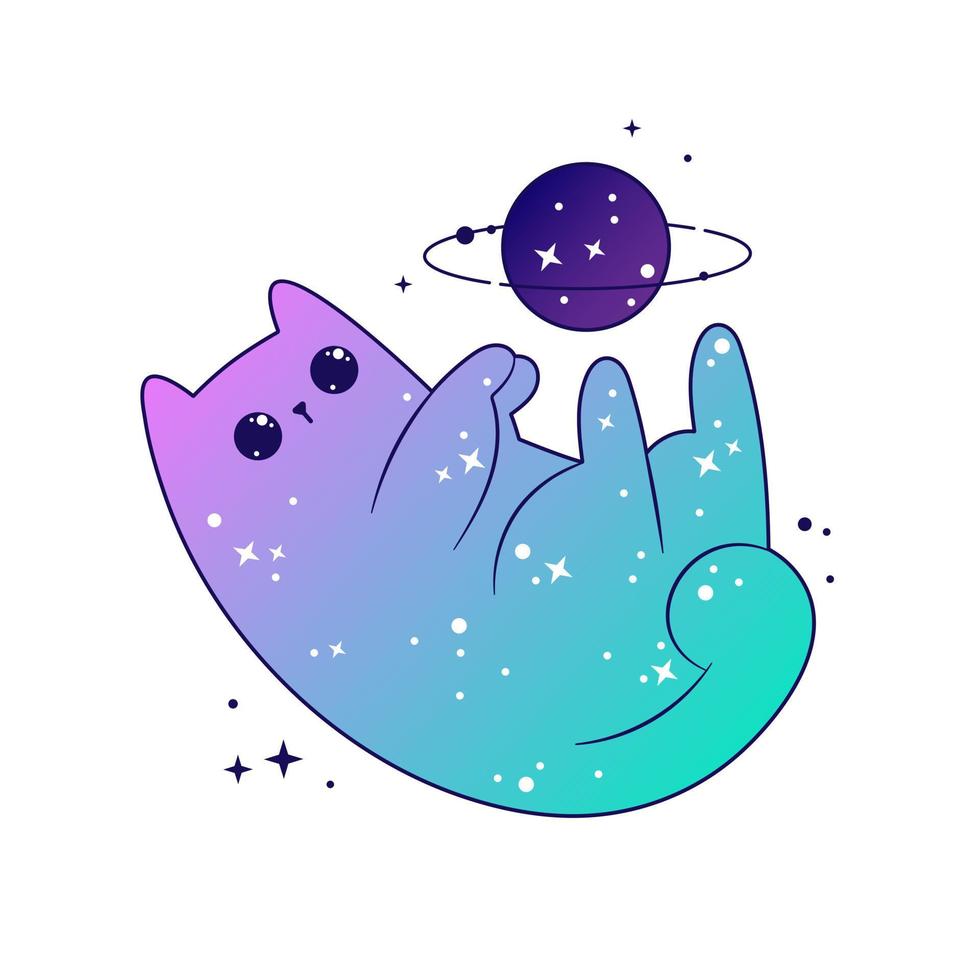 Space cute cat play with palnet celestial with stars and planets. Fantasy magical kawaii vector.  Mystical nursery kitten for textile, stickers, tattoo, vector