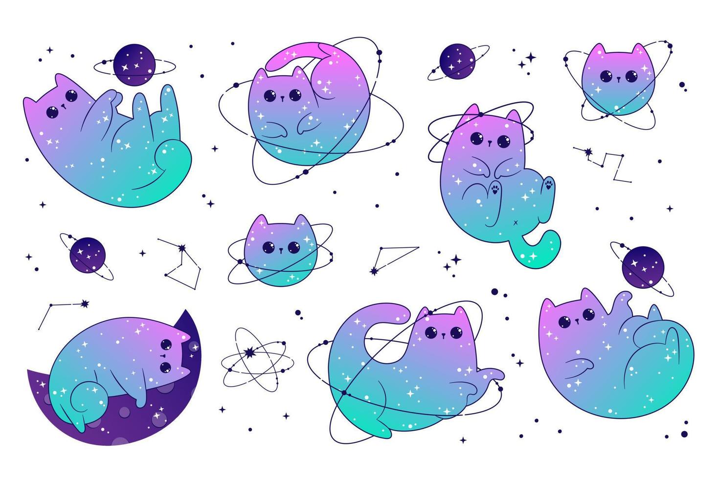 Space cute cats set celestial with stars and planets. Fantasy magical kawaii vector.  Mystical nursery kitten for textile, stickers, tattoo, vector