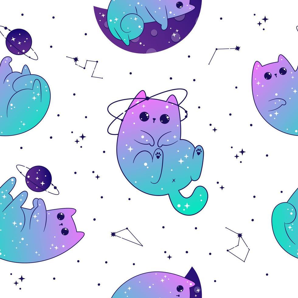 sin costura modelo con linda gatos espacio celestial con estrellas y planetas fantasía mágico kawaii vector. místico guardería gatito para textil, papel, tela, antecedentes vector