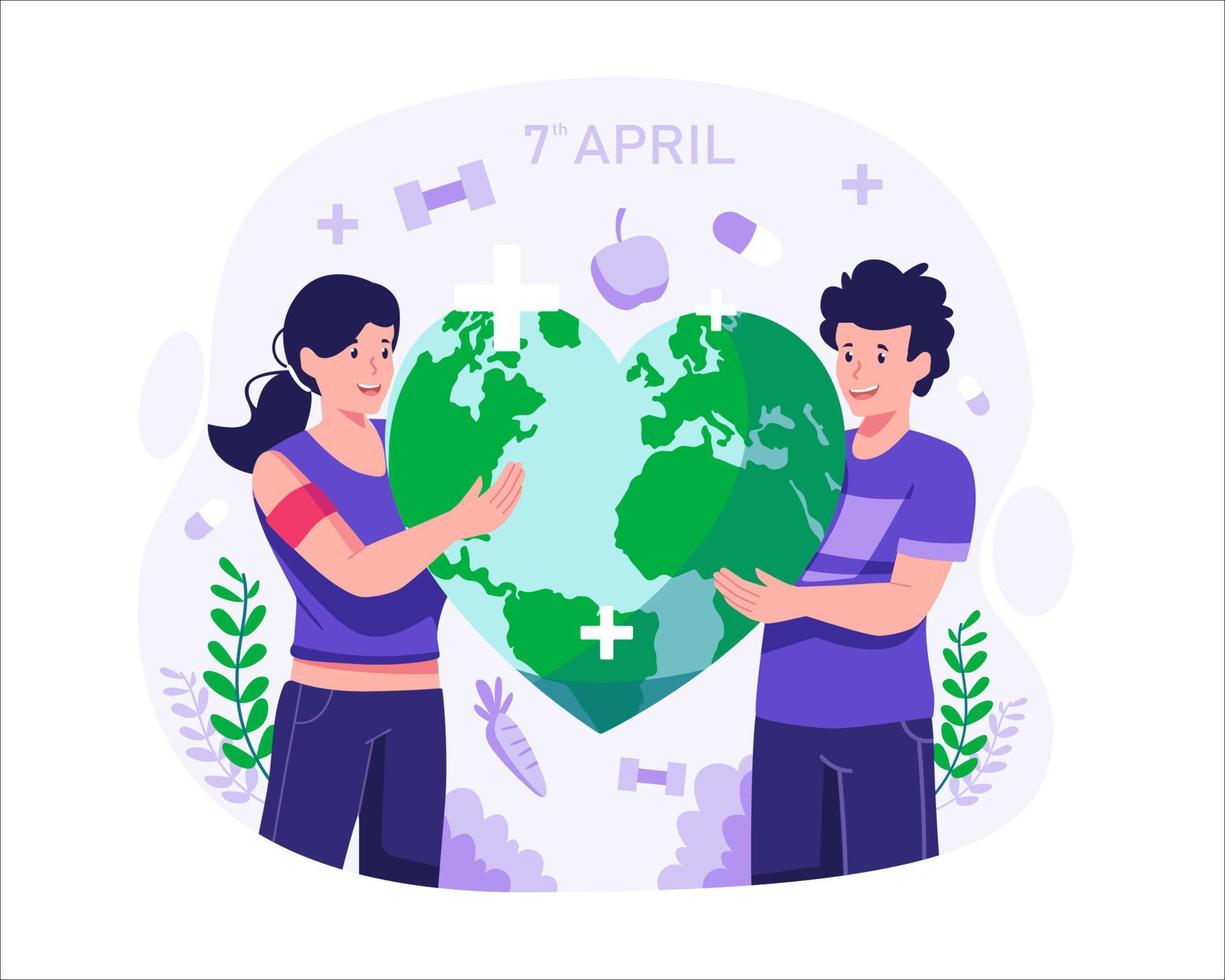 World Health Day. A man and a woman holding a globe world in the shape of a heart. A Couple Celebrate Health Day. Vector Illustration