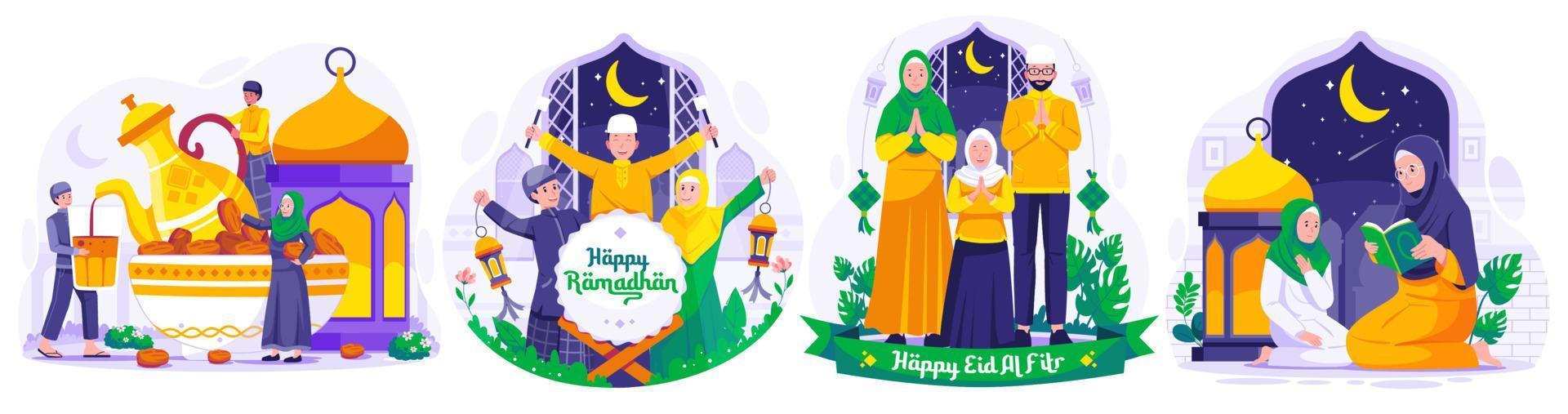 Illustration Set of Ramadan concept with Muslim People greeting and celebrating Ramadan Kareem and Eid Mubarak. Greeting Each other and apologizing. Iftar Party. Reading Quran vector