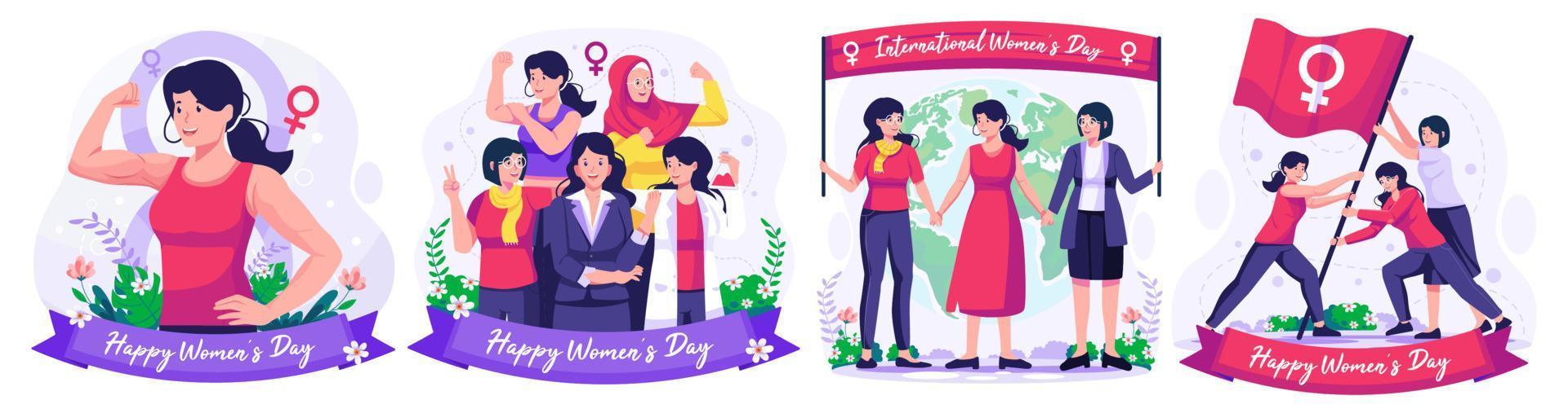 ilustración conjunto de internacional De las mujeres día concepto con contento multinacional diverso mujer celebrar De las mujeres día. luchando para libertad y independencia vector