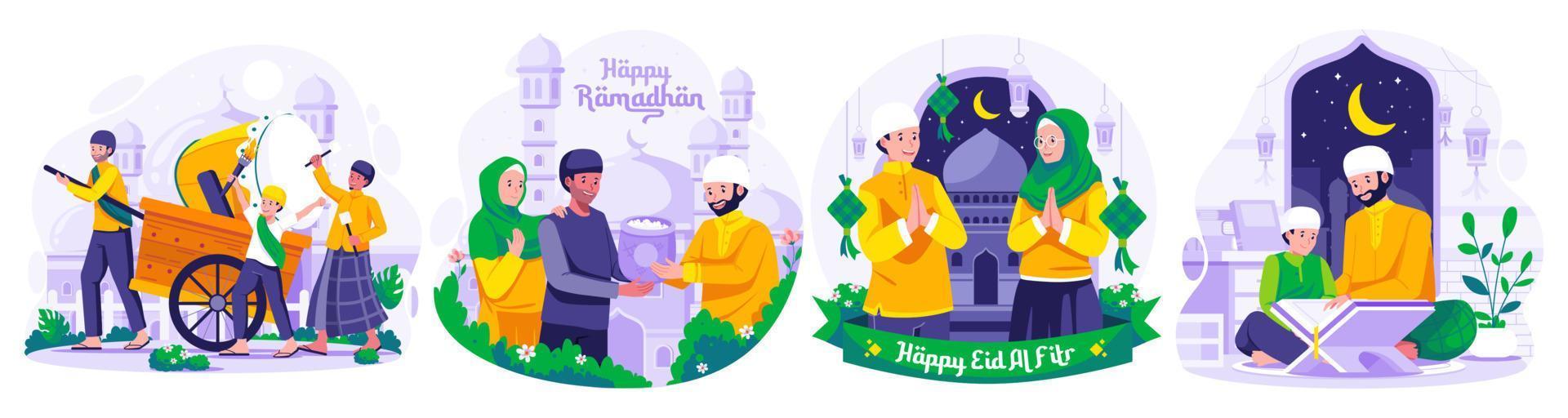 Illustration Set of Ramadan concept with Muslim People greeting and celebrating Ramadan Kareem and Eid Mubarak. Greeting Each other and apologizing. Giving Zakat Charity. Reading Quran vector