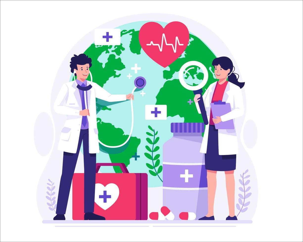 World Health Day. Doctors Check the Health of the World Globe with a Stethoscope. Our Planet, Our Health. Vector Illustration