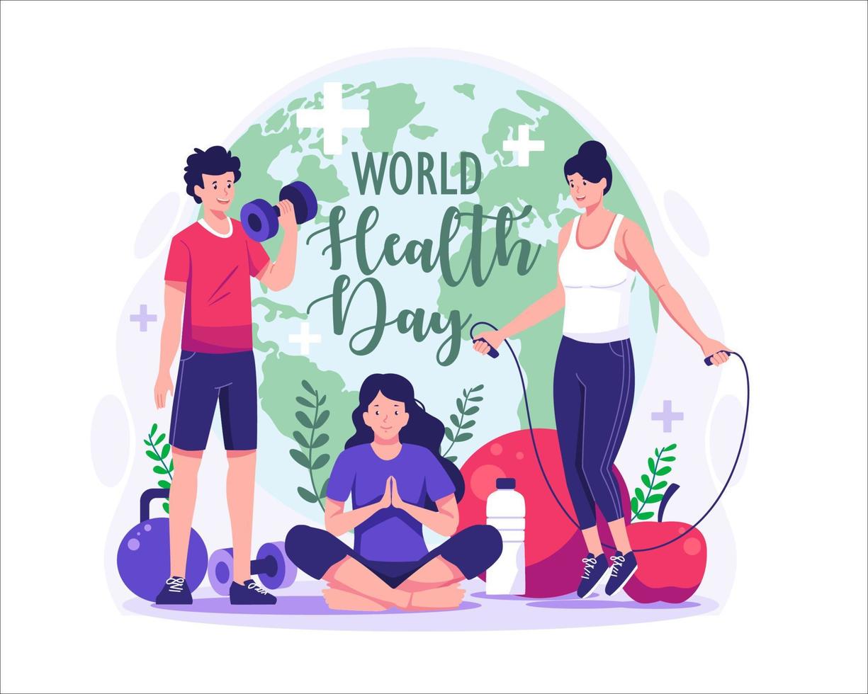 mundo salud día concepto ilustración con caracteres de personas hacer ejercicio, aptitud física, y yoga. sano estilo de vida. vector ilustración
