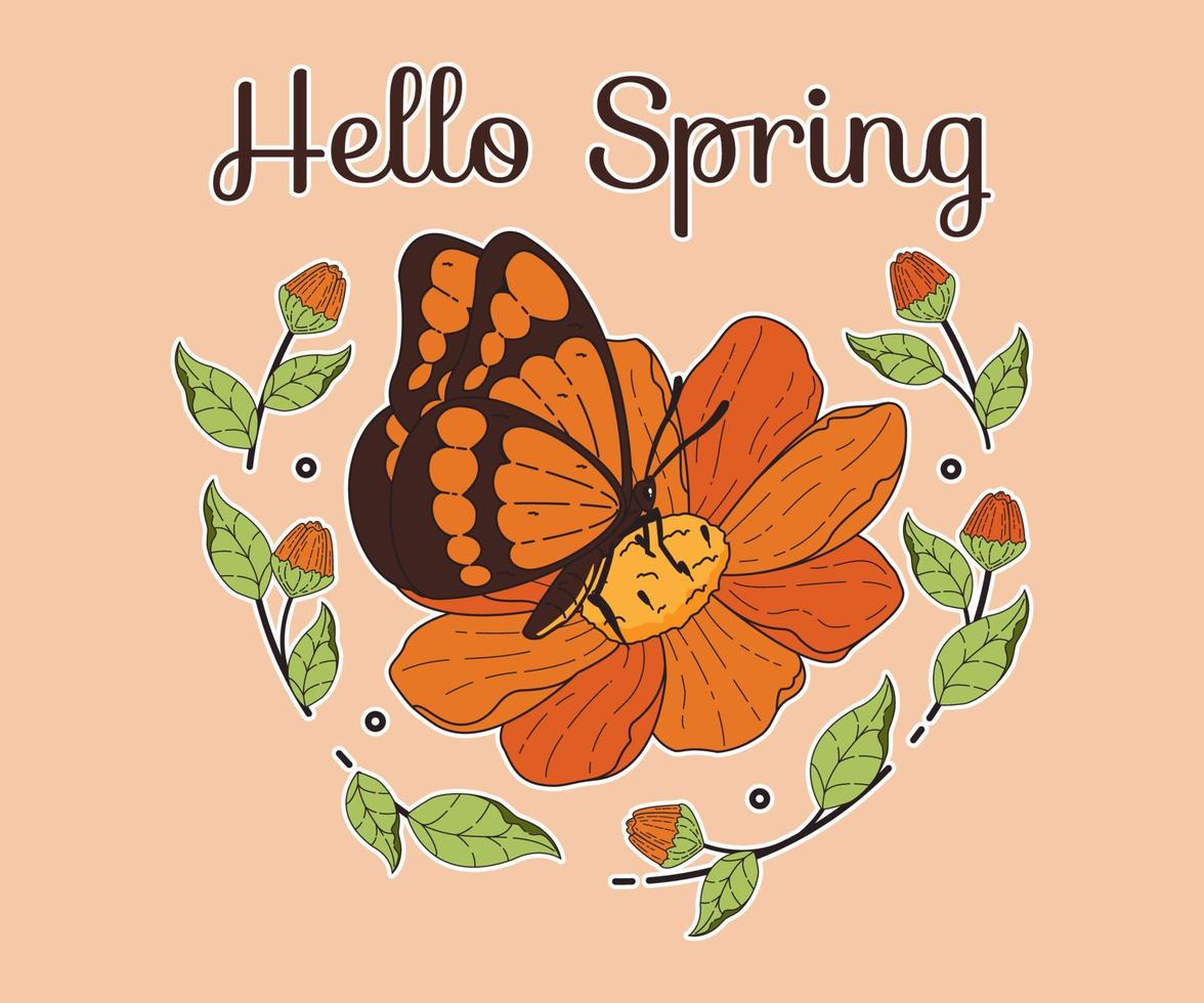 Spring Drawing floral with butterfly background vector