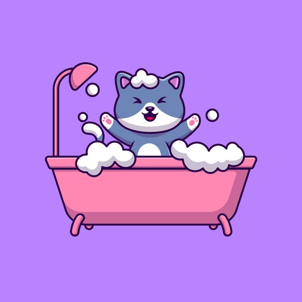 Cute Cat Bathing On Bathub Cartoon Vector Icons Illustration. Flat Cartoon Concept. Suitable for any creative project.