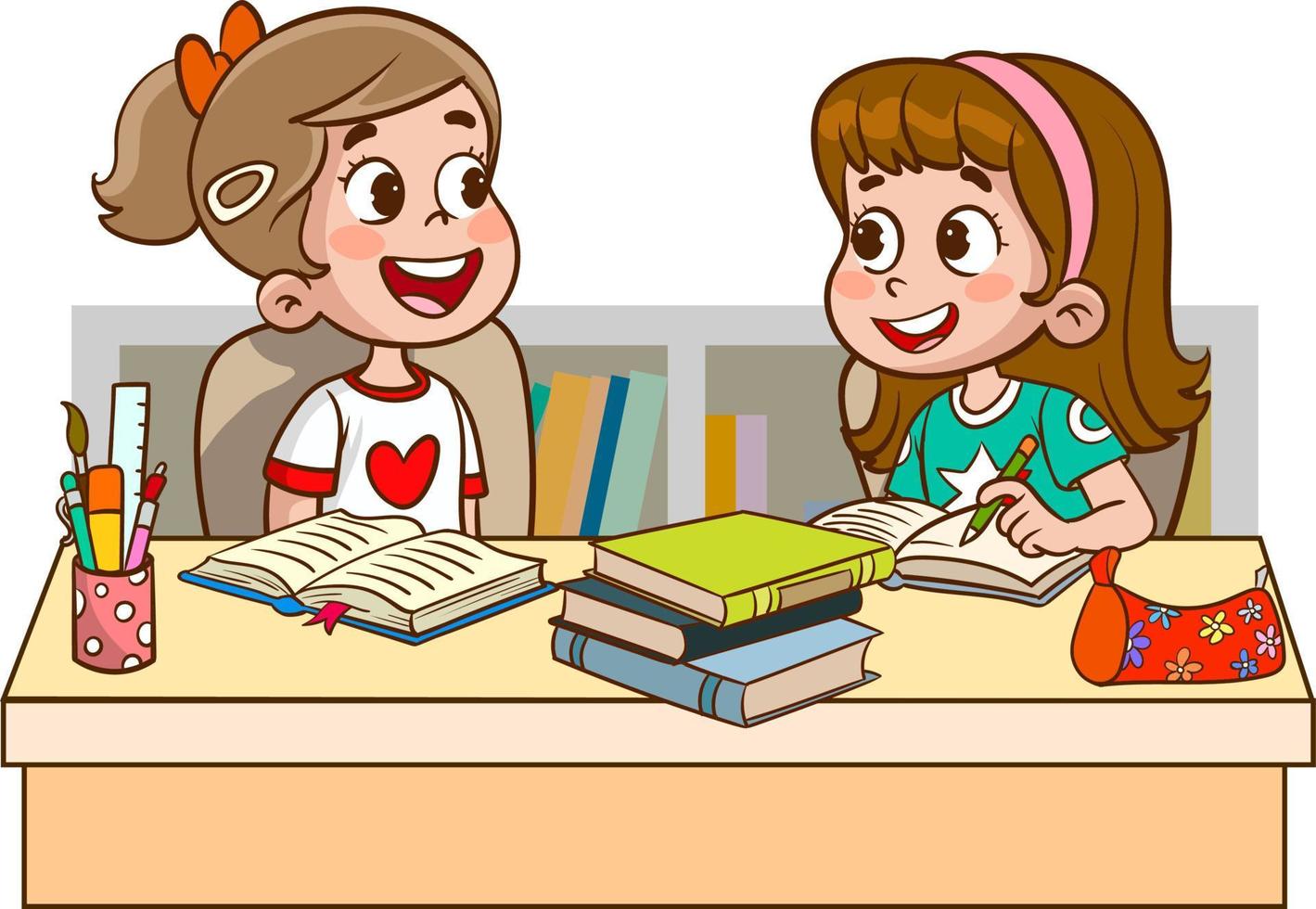 lindos niños pequeños estudiando juntos ilustración vectorial de dibujos animados vector