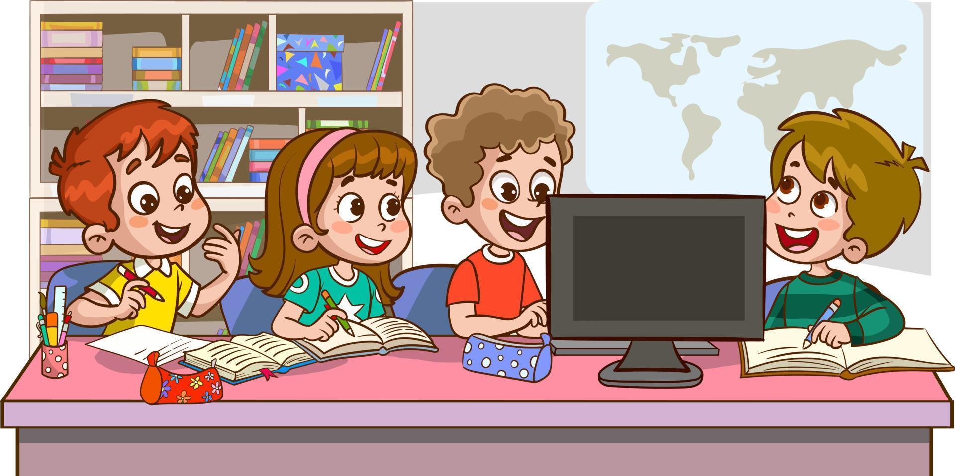 lindos niños pequeños estudiando juntos ilustración vectorial de dibujos animados vector