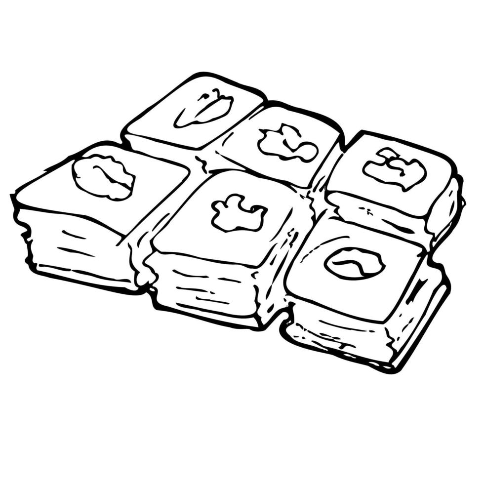 Baking tea sweets. Doodle illustration for the menu. Cakes, cookies, tea, coffee, bread, toast. vector